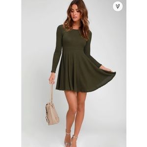 Fit and Fair Olive Green Ribbed Knit Long Sleeve Skater Dresses
